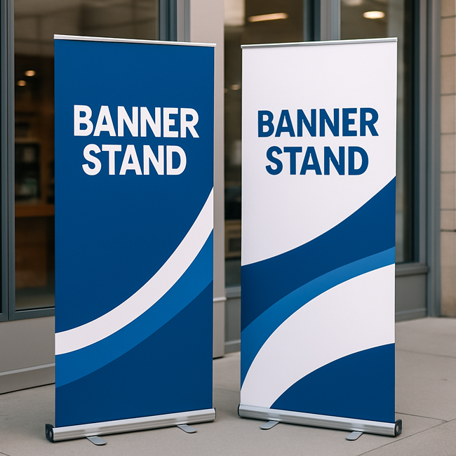 blue and white themed banner stands