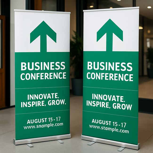 green and white themed banner stands