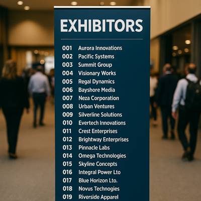 Exhibitors booth numbers on standup banner