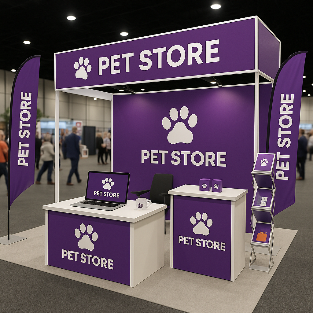 Pet store event flags and booth setup