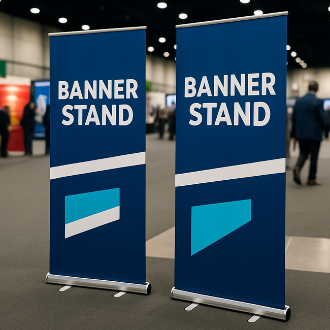 blue and white pull-up retractable banner