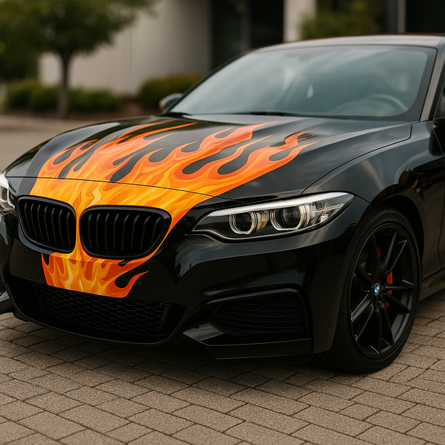 Vehicle hood flame graphic decals