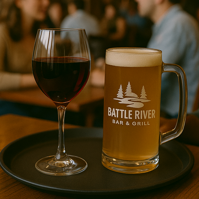 Custom branded wine glasses and beer mugs