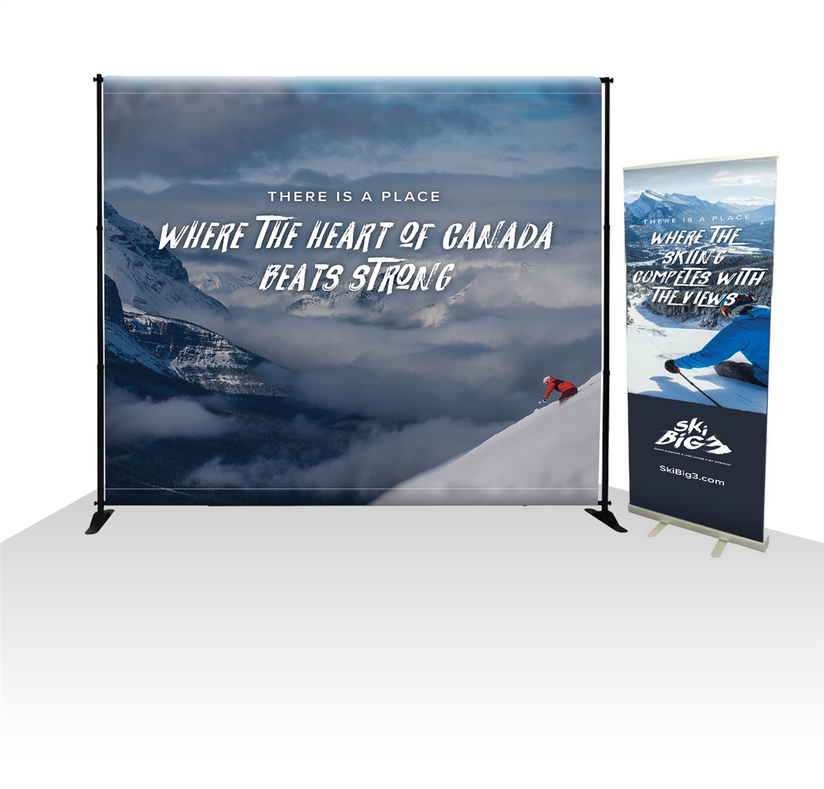 blue and white themed banner stands